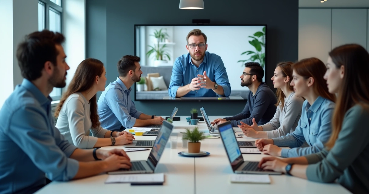 Hybrid team in a video meeting with office and remote workers connected