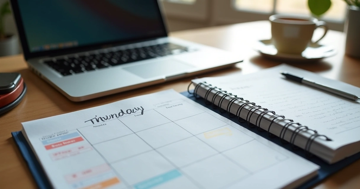 Hybrid work calendar beside laptop and notebook