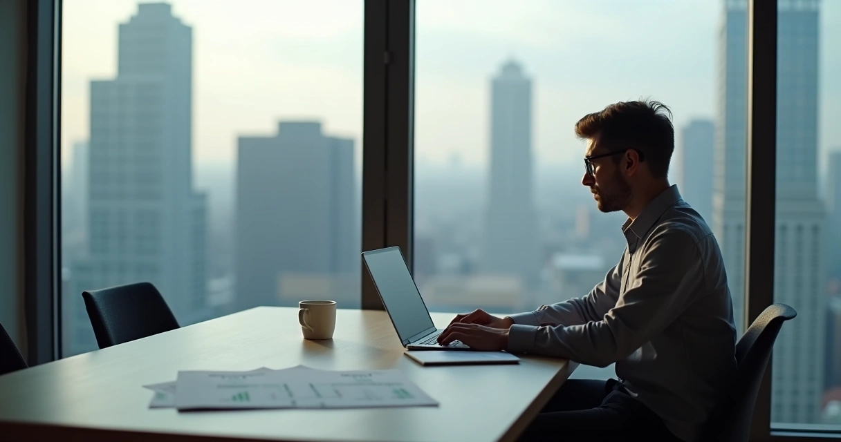 Remote worker alone at home, looking at laptop, city skyline in background
