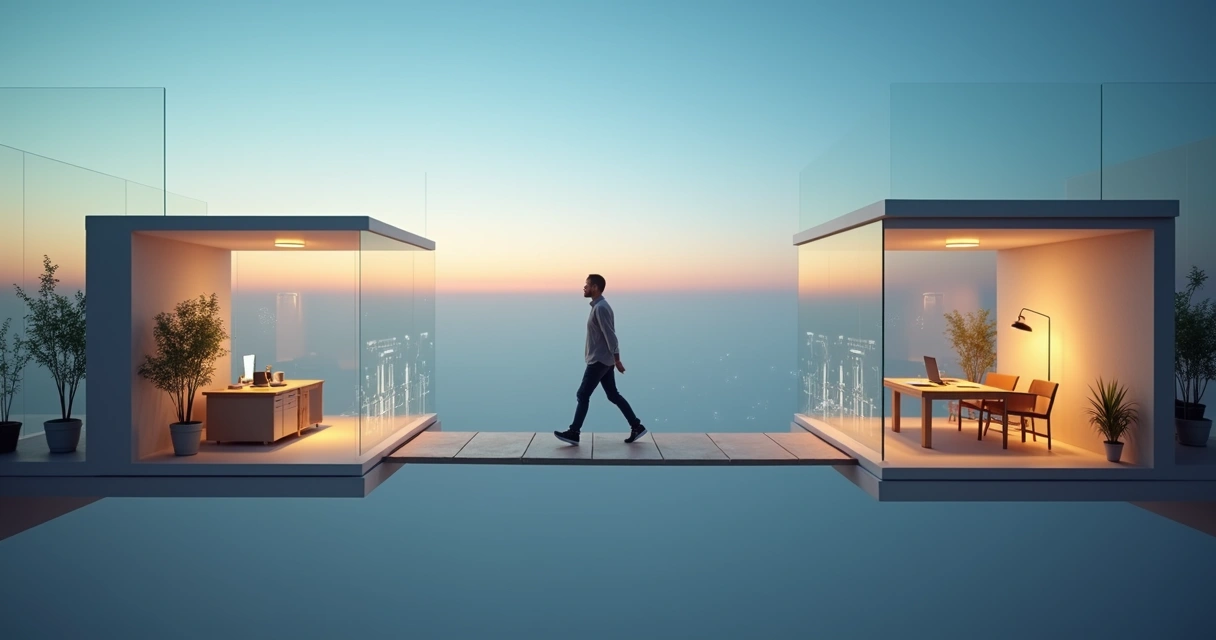 Manager crossing transparent bridge between office and home workspace 