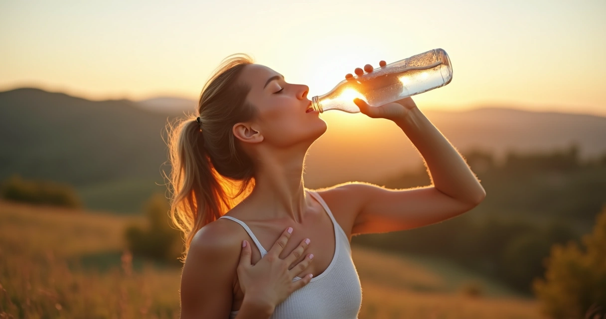 Young person outdoors drinking water and breathing deeply at sunrise 