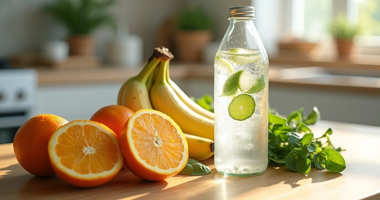 Healthy foods and drinks rich in electrolytes on kitchen table 