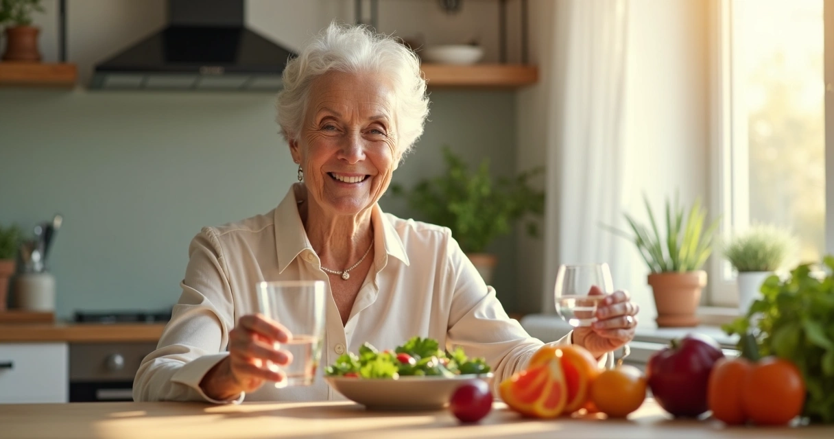 Woman holding a glass of water and a bowl of salad 