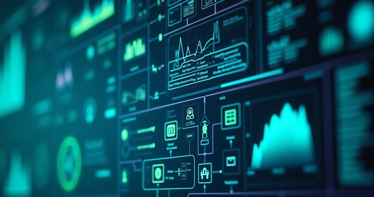 Painel digital mostrando gráficos de automação e inteligência artificial interagindo 