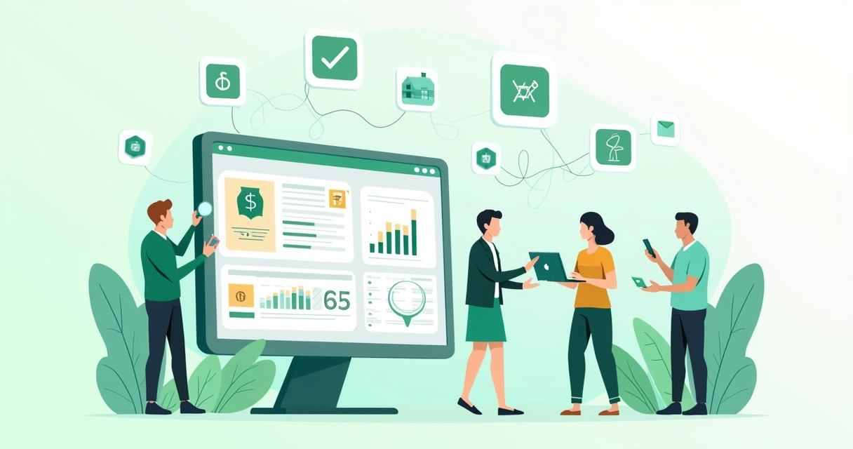 Ilustração de plataforma digital robusta HyperCash com dashboard, equipe e fluxo automatizado 