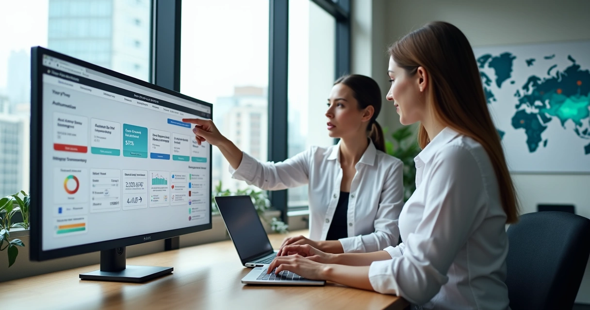 Consultores de turismo usando IA e painel digital em agência de viagens moderna 