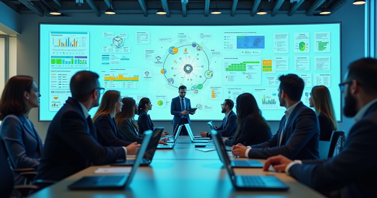 Executivos em ambiente de tecnologia analisando fluxos de IA 