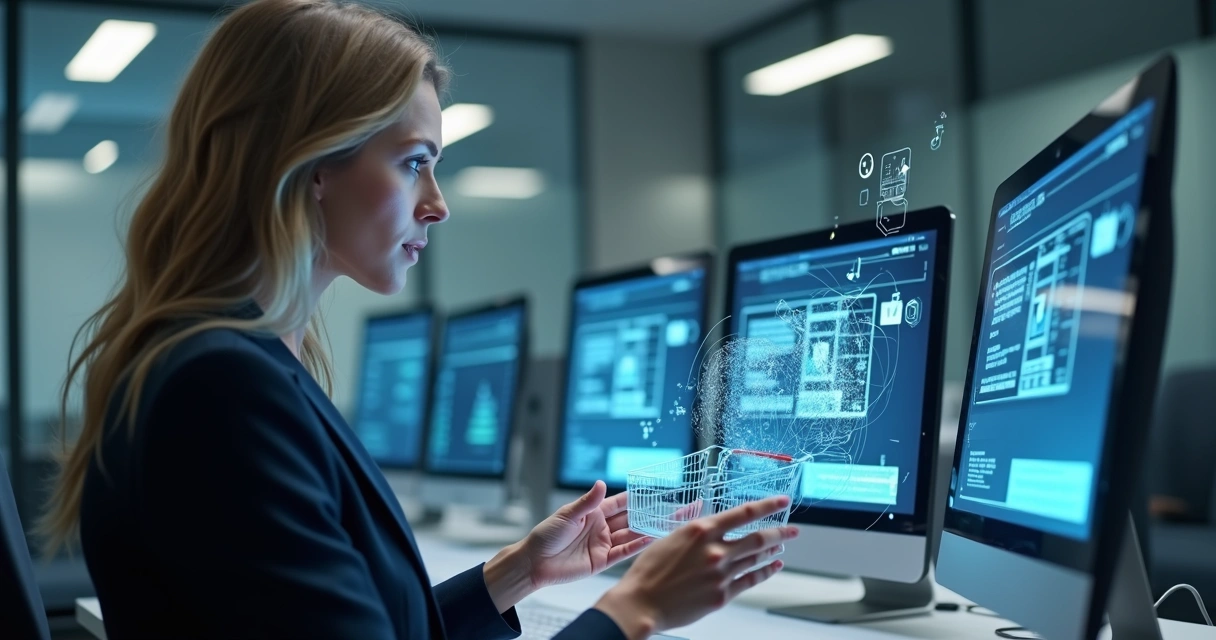 Pessoa interagindo com assistente virtual e IA efetuando compra online 