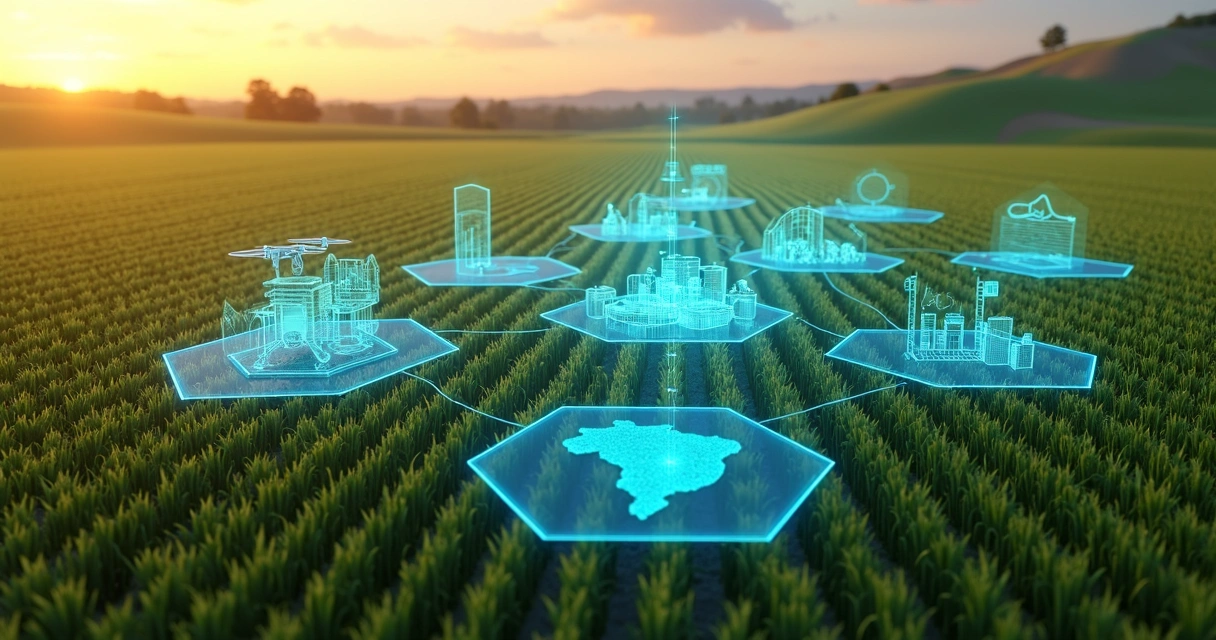 Plantação brasileira vista de cima com elementos digitais de inteligência artificial analisando dados do campo 