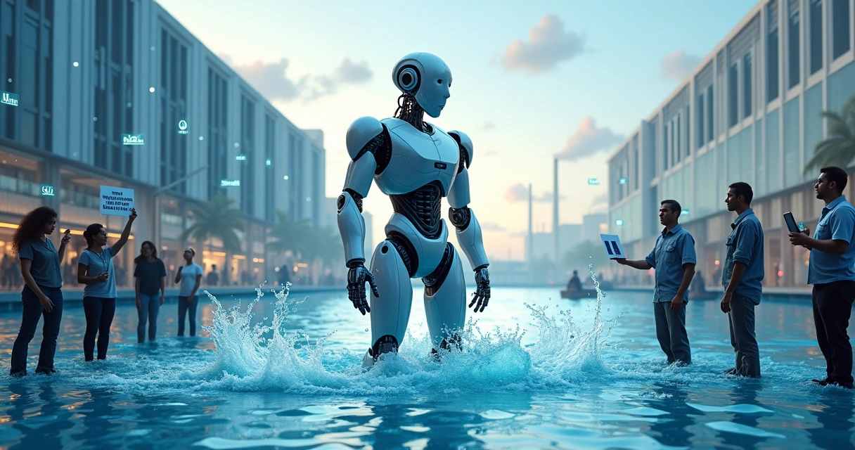 Robô de IA gigante cercado por ondas de água e ativistas ambientalistas apontando críticas 