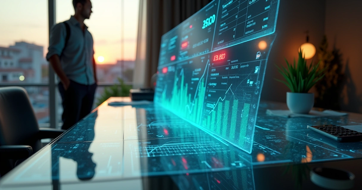 Painel financeiro futurista destaca sinais de alerta em pequena empresa 