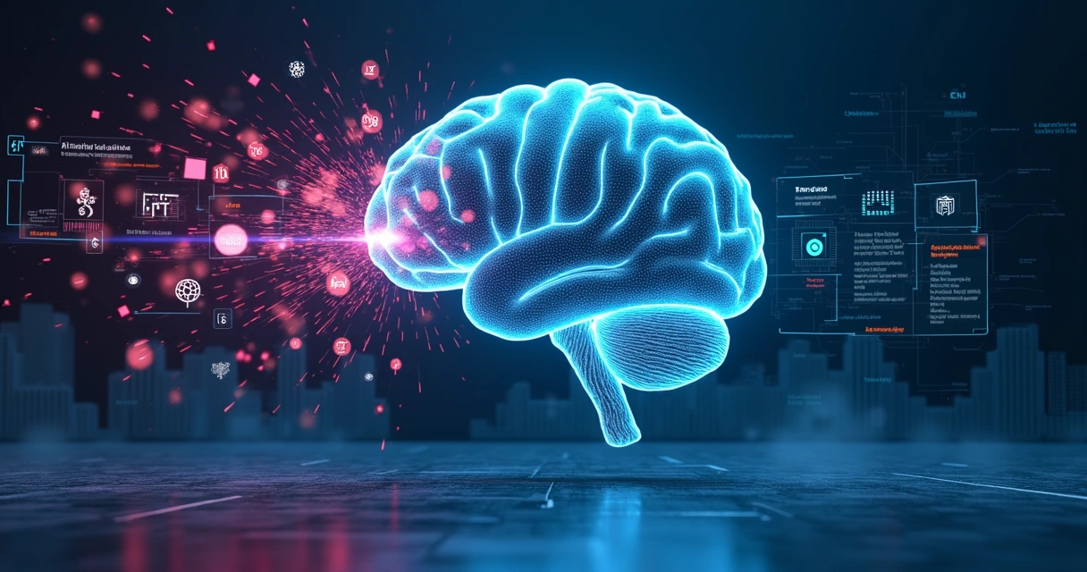 Cérebro digital projetando sombras distorcidas e dados corrigidos em painel de controle 