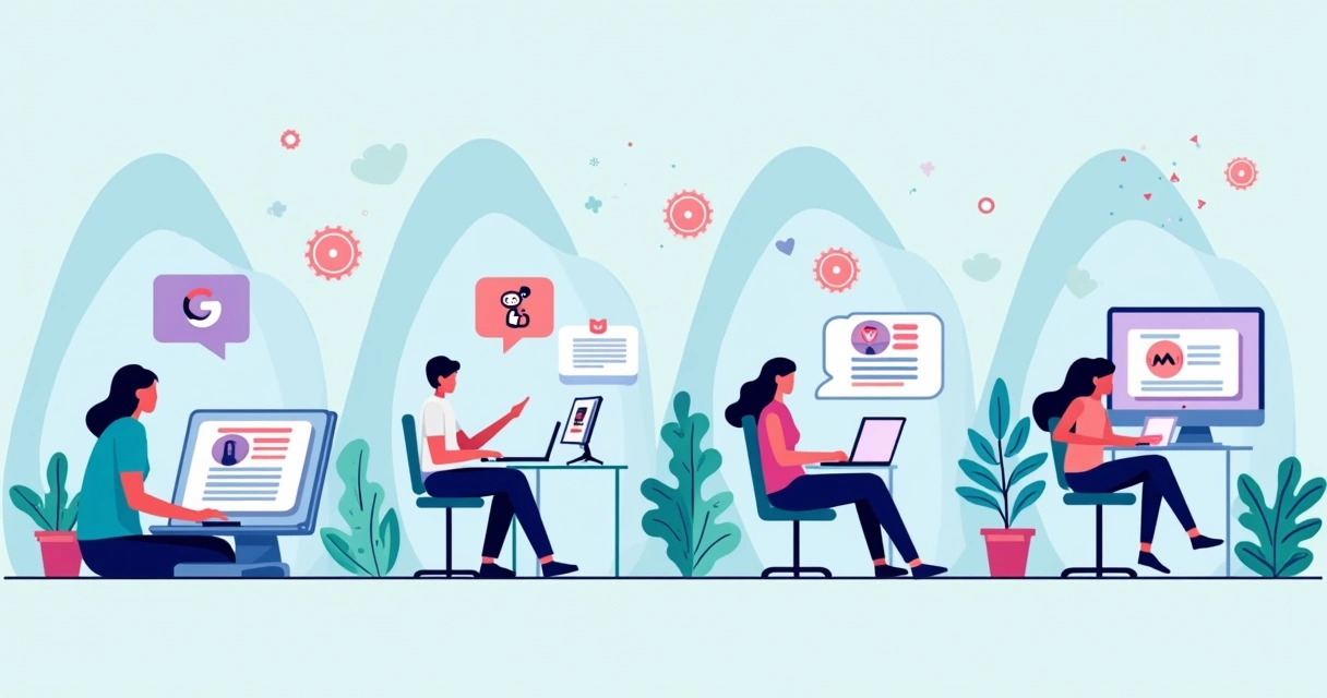 Diferentes ambientes digitais mostrando buscas por inteligência artificial e humanos 