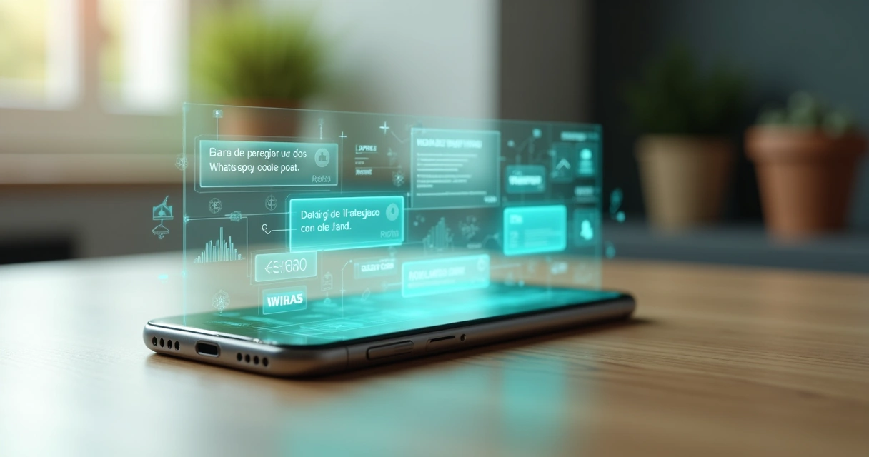 Tela de smartphone com conversa de vendas sendo analisada por gráficos de IA ao fundo 