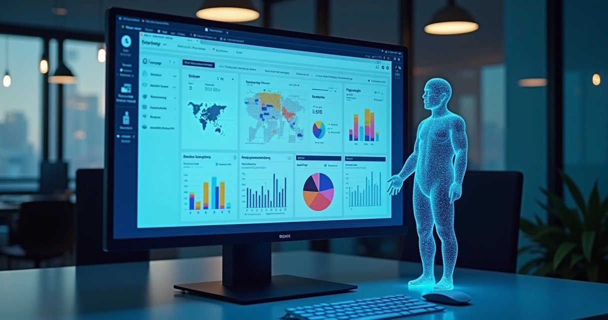 Gráficos e dados digitais em tela de computador com agente virtual ao lado 