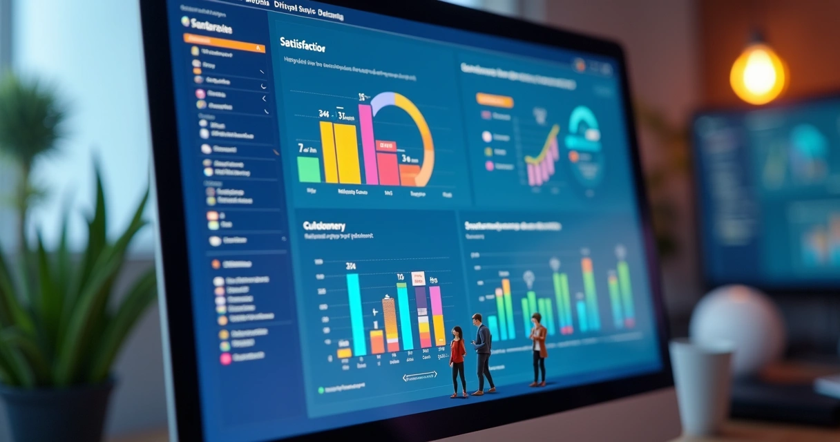 Dashboard colorido com indicadores de atendimento e satisfação do cliente 