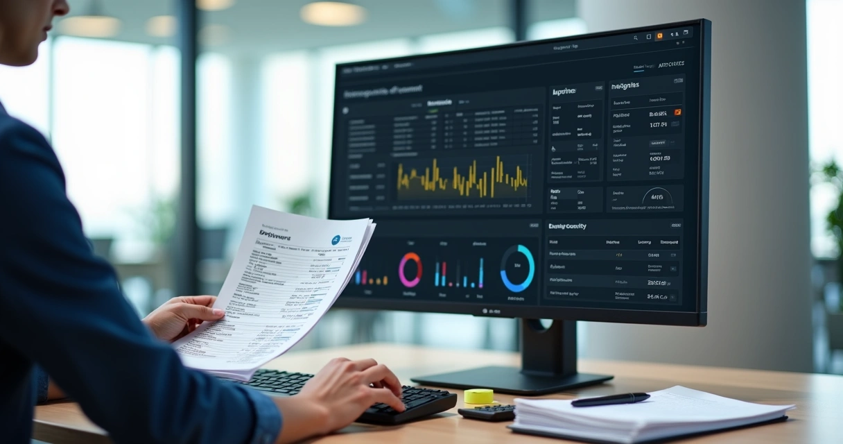 Profissional analisando documentos fiscais digitais com painel de inteligência artificial 