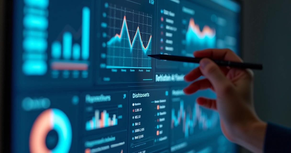 Sistema de IA exibindo previsões de vendas em tela digital 