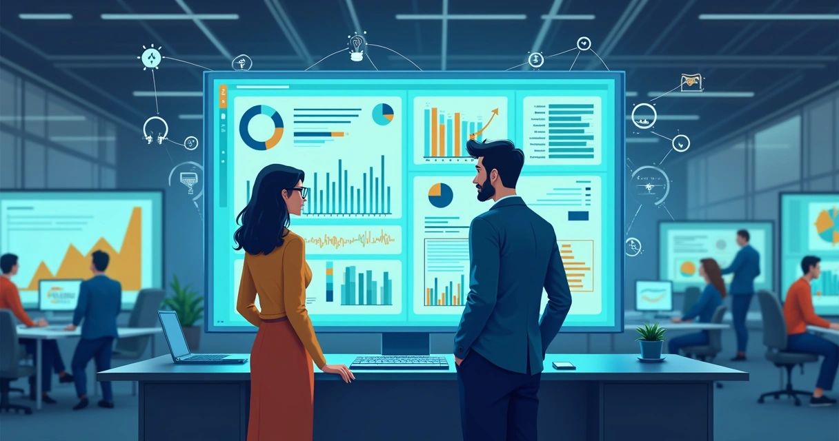 Analista olhando gráficos de IA em tela grande com colegas discutindo ao fundo 