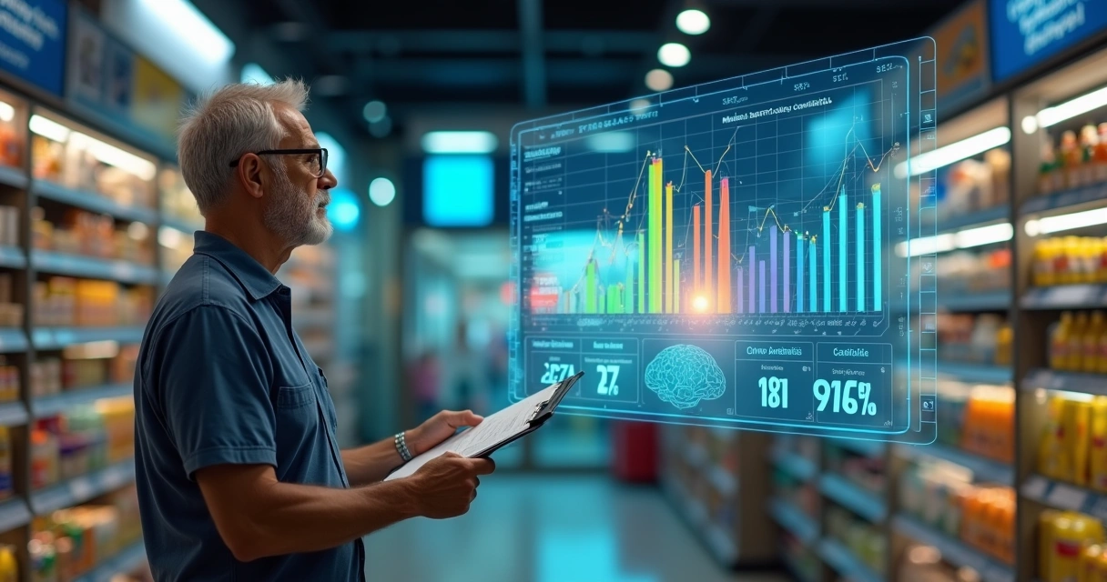 Dono de pequena loja brasileira observa holograma com gráficos de vendas e ícones de IA 