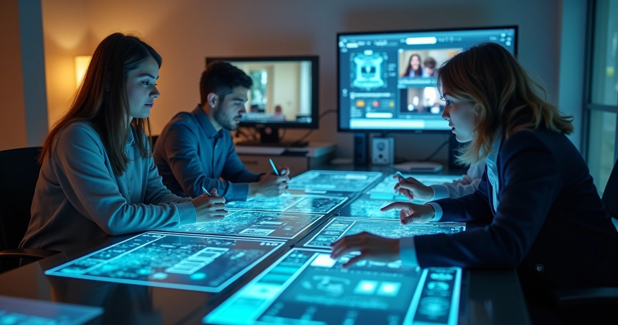 Equipe colaborando com IA em diferentes etapas de curso online 