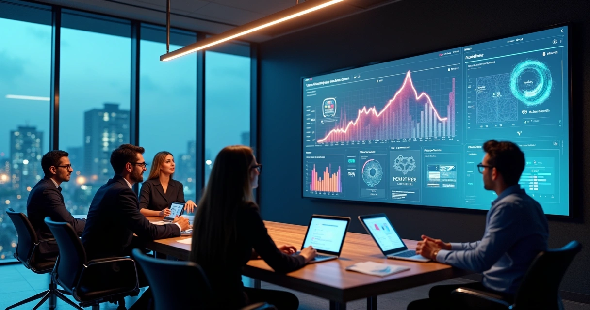Executivos analisando painel de dados com ícones de inteligência artificial no escritório 