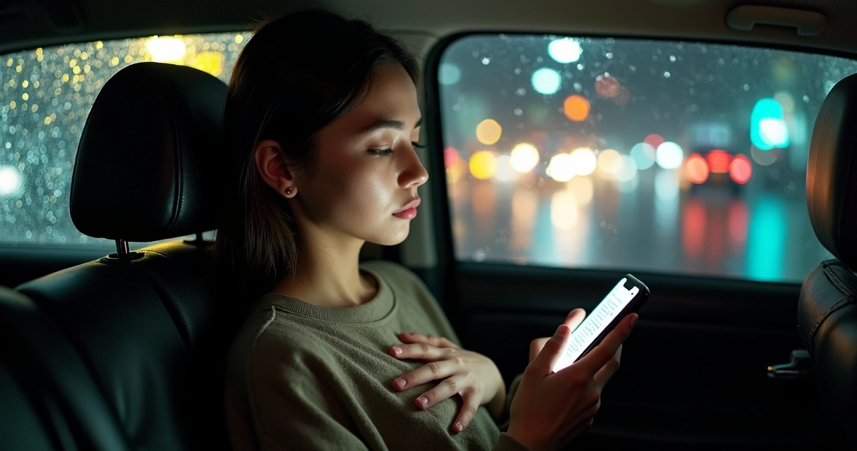 Mulher em táxi à noite usando o celular para conversar com IA durante crise de ansiedade 