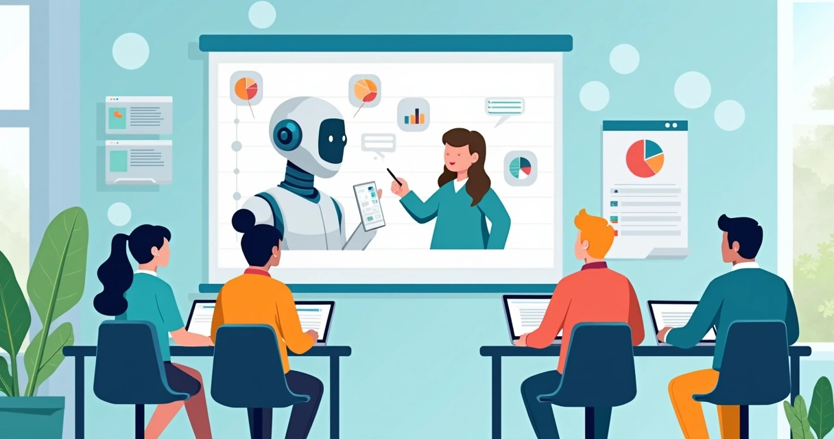 Alunos usando IA para estudo personalizado em sala de aula digital