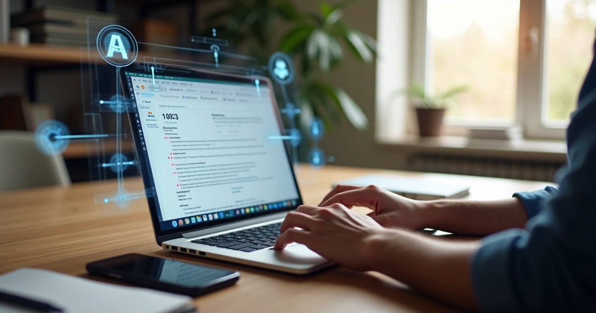 Profissional em casa usando notebook com inteligência artificial para revisar currículo 