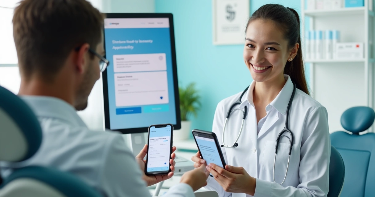 Atendente virtual em clínica agendando consulta para paciente em smartphone 