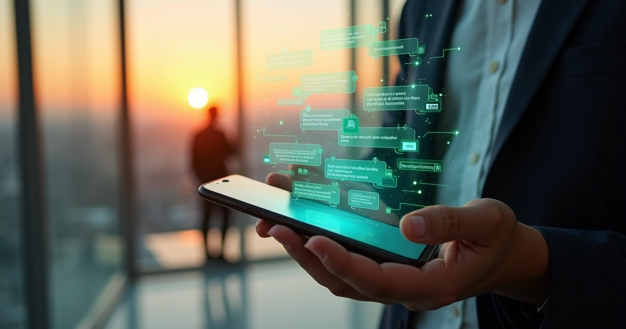 Executivo segurando smartphone com holograma de IA para atendimento comercial no WhatsApp 