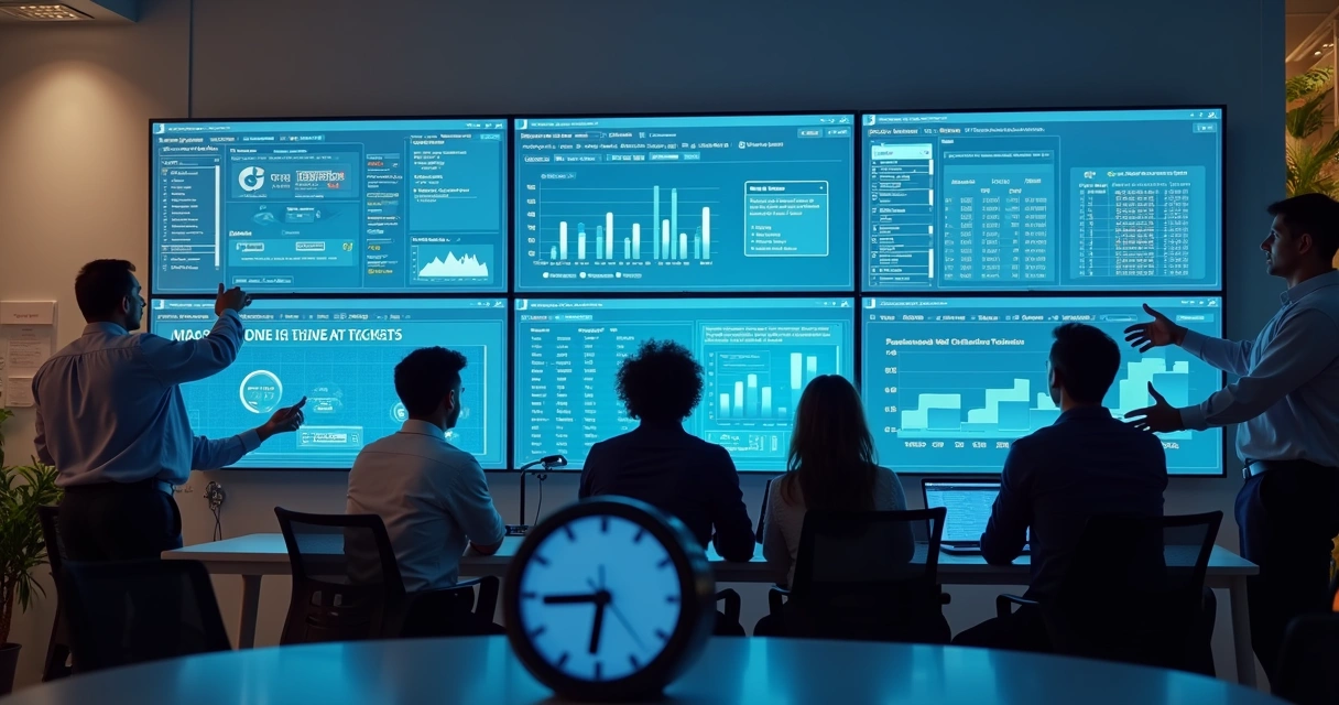 Painel de atendimento digital em monitor exibindo métricas e chats de condomínio 