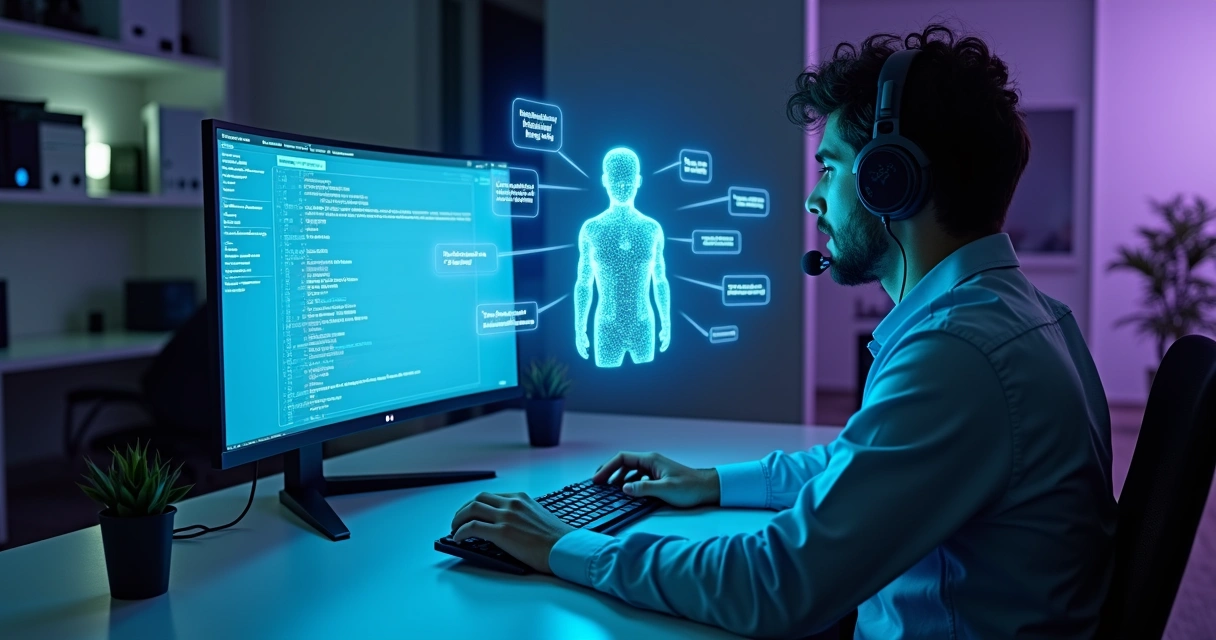 Profissional de helpdesk acompanhado por chatbot em holograma atendendo chamado de TI 