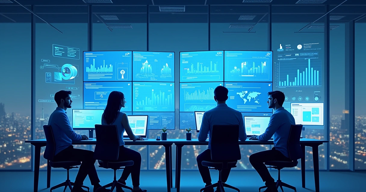 Equipe de atendimento analisando dados em telas com gráficos e um agente de IA acompanhando. 