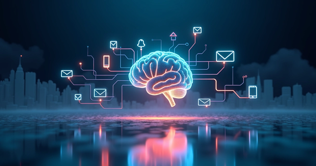 Representação abstrata de canais digitais convergindo em ícones de imóveis 