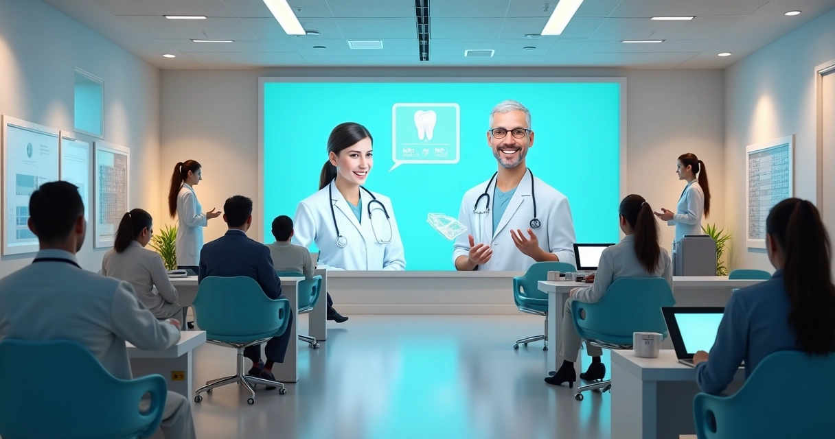 Balcão de clínica odontológica com IA atendendo paciente virtualmente.