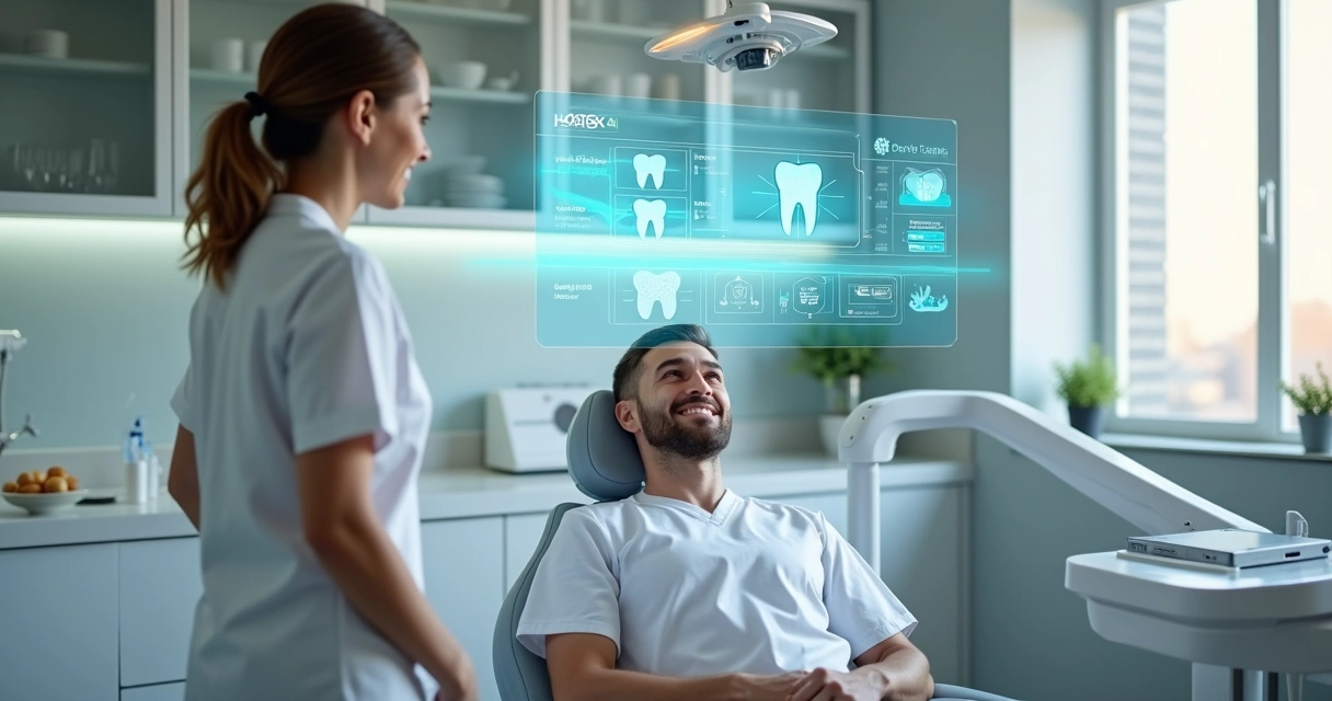 Dentista em clínica moderna interagindo com interface de IA ao lado de paciente na cadeira odontológica 