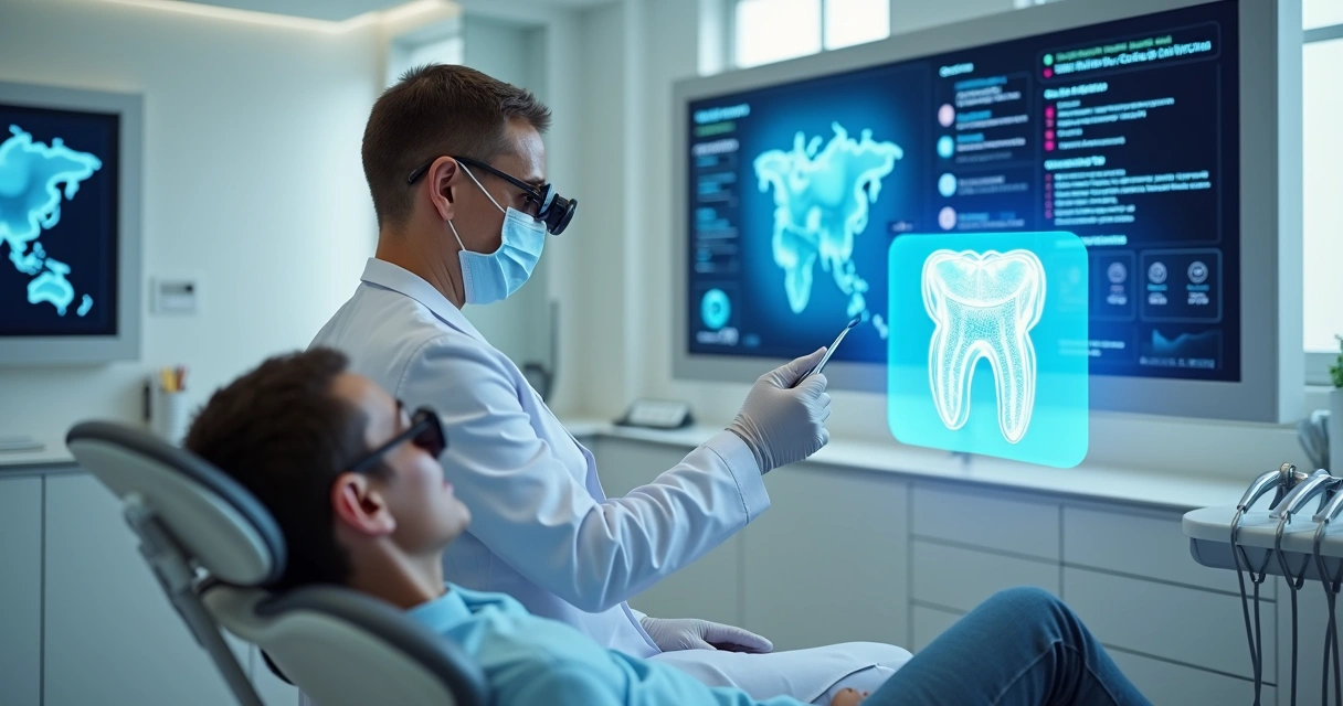 Dentista utilizando holograma de inteligência artificial durante atendimento odontológico 