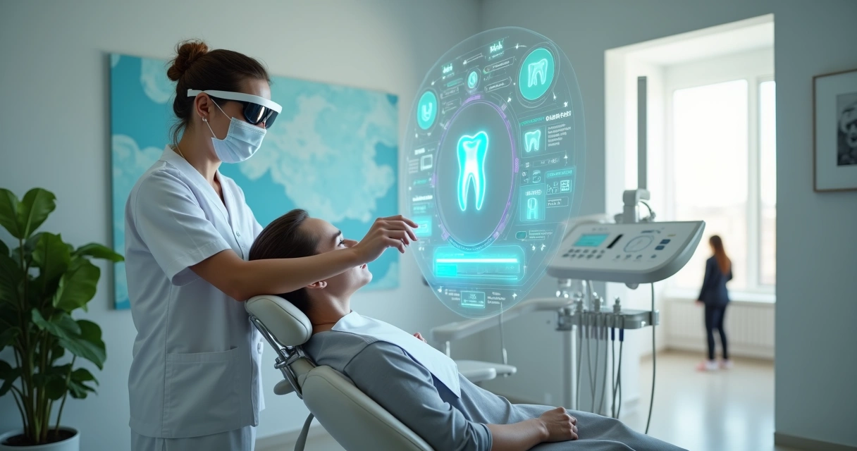Dentista em consultório odontológico moderno usando assistência de IA em óculos de realidade aumentada durante atendimento a paciente 