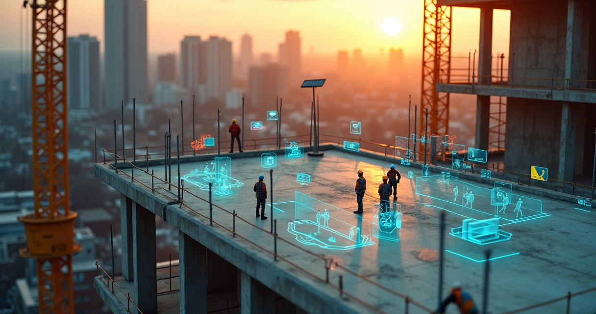 Visualização aérea de canteiro de obras com sobreposição digital de alerta de segurança 