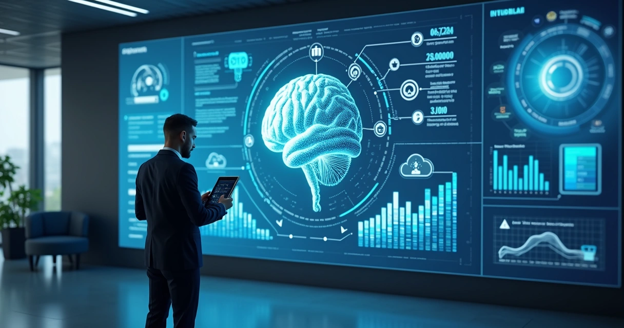 Painel com IA e automação em ambiente corporativo 
