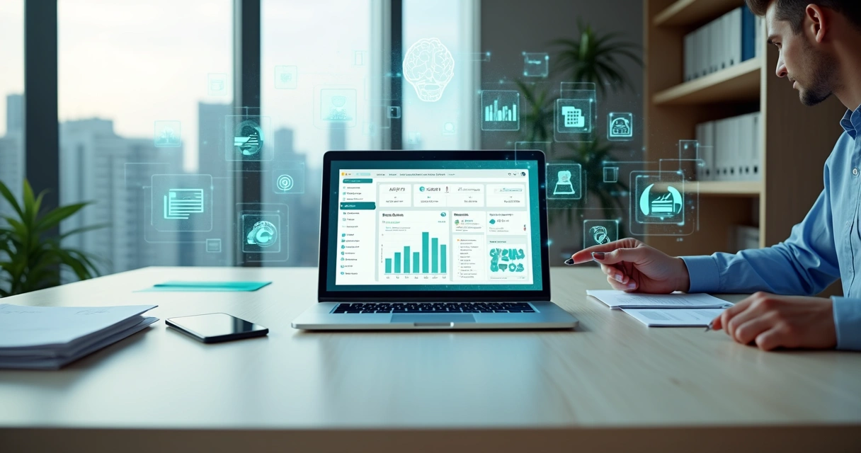 Mesa de escritório com laptop exibindo painel financeiro automatizado por IA 