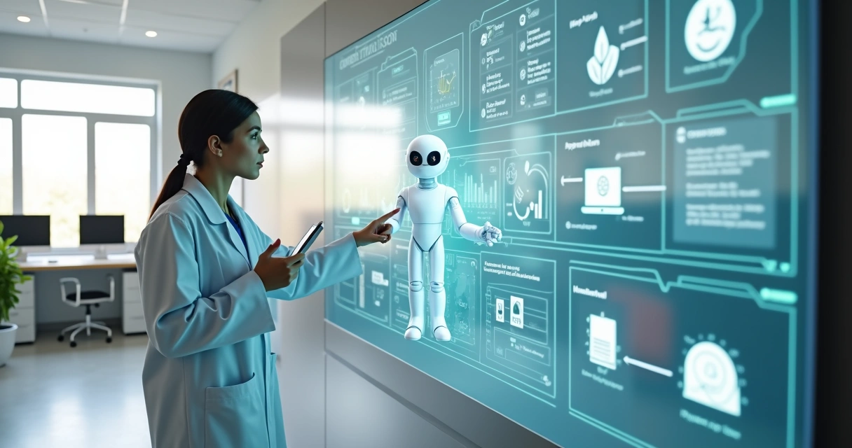 Profissional de saúde observa painel digital com robô organizando tarefas da clínica 