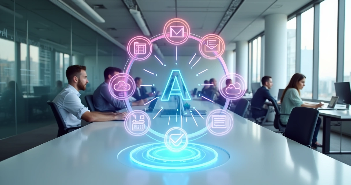 Assistente virtual com ícones automatizando tarefas em escritório moderno 
