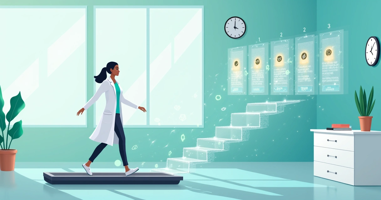 Médica caminhando em esteira digital enquanto assistente de IA aprova autorizações no painel 