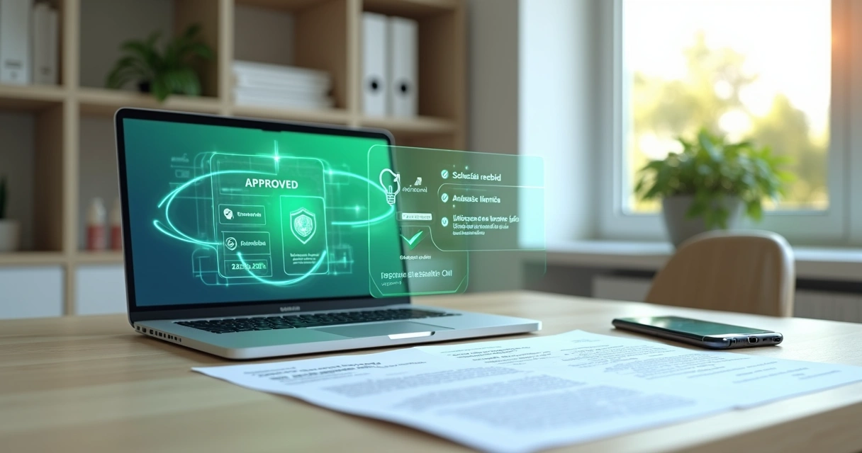Mesa de análise de planos de saúde com contrato sendo aprovado por inteligência artificial 