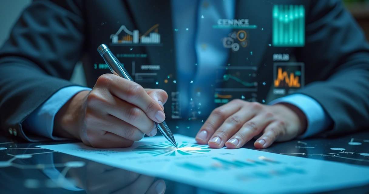 Assistente digital analisando gráficos de risco e documentos de compliance em ambiente corporativo moderno 