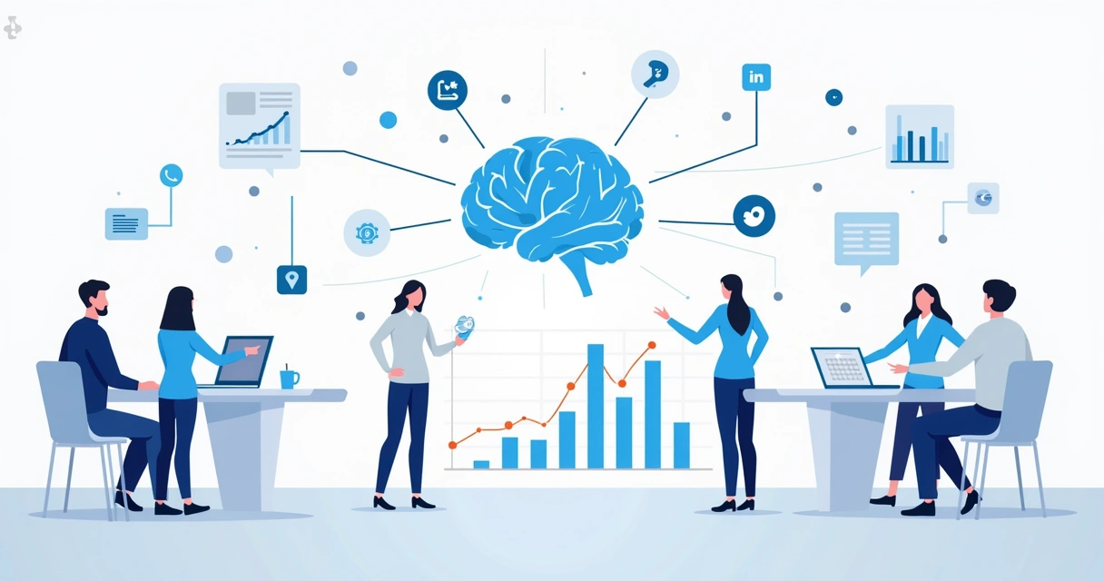 Ilustração corporativa mostrando inteligência artificial analisando transparência em campanhas de influência com gráficos, ícones de pessoas e conexões digitais 