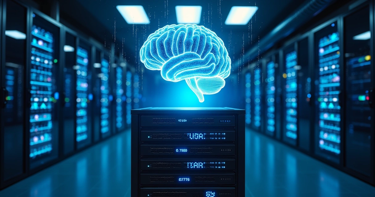 Servidor moderno com fluxos de dados digitais azuis ilustrando IA e big data 