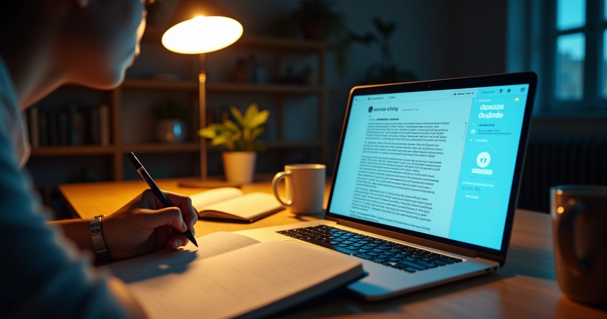 Empresário escrevendo em caderno enquanto assiste tela com editor de texto e ícones de IA 